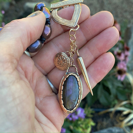 Purple Labradorite And Gold Talisman Charm Baroque Pearl and Leather Necklace
