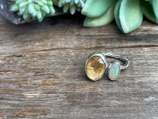Faceted Citrine And Ethiopian Opal Sterling Silver Adjustable Ring