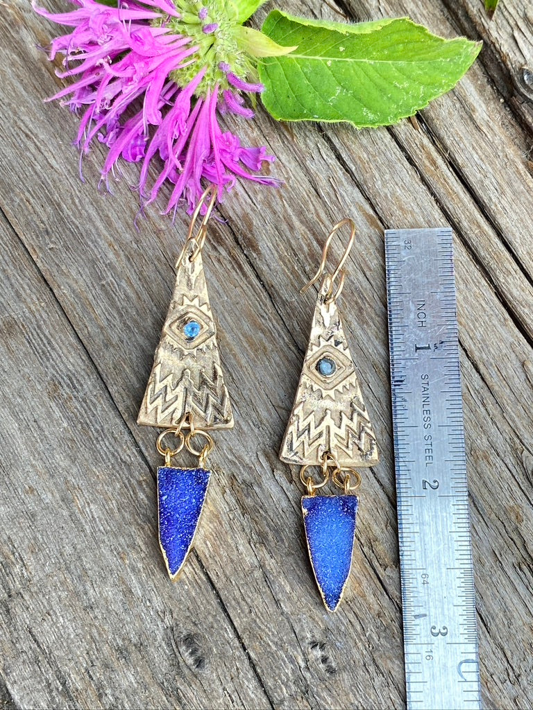 Amethyst Druzy And Gold Bronze Hieroglyphic Textured Earrings