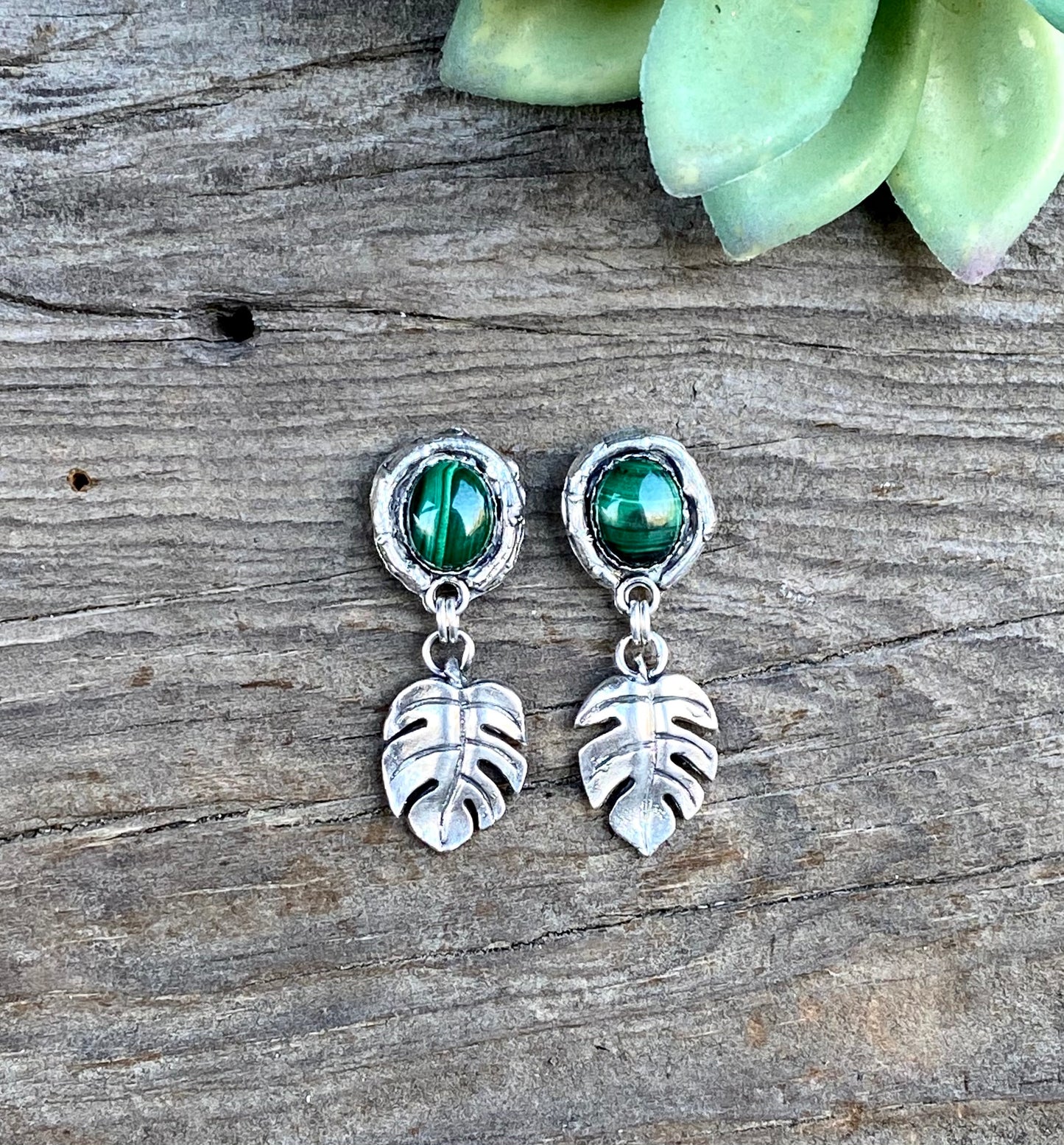 Malachite And Sterling Silver Monstera Artisan Earrings