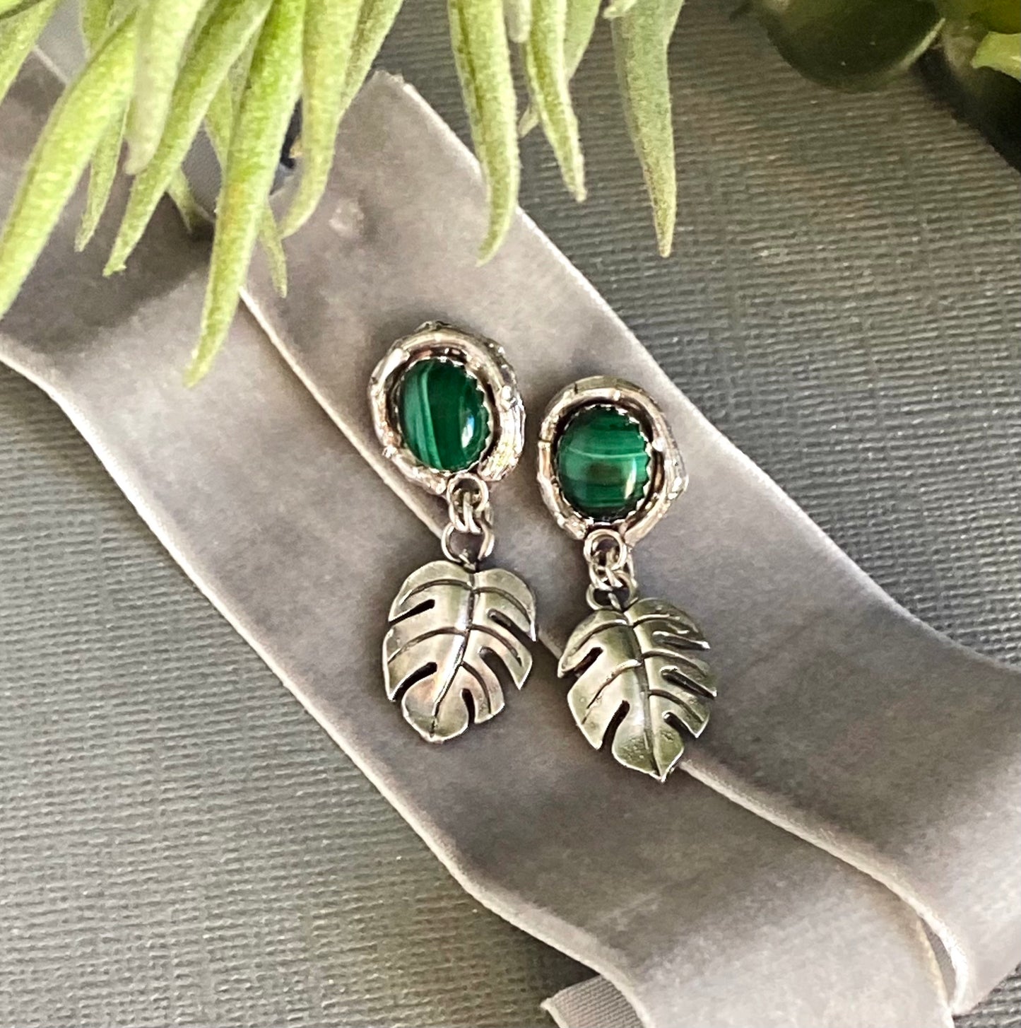 Malachite And Sterling Silver Monstera Artisan Earrings