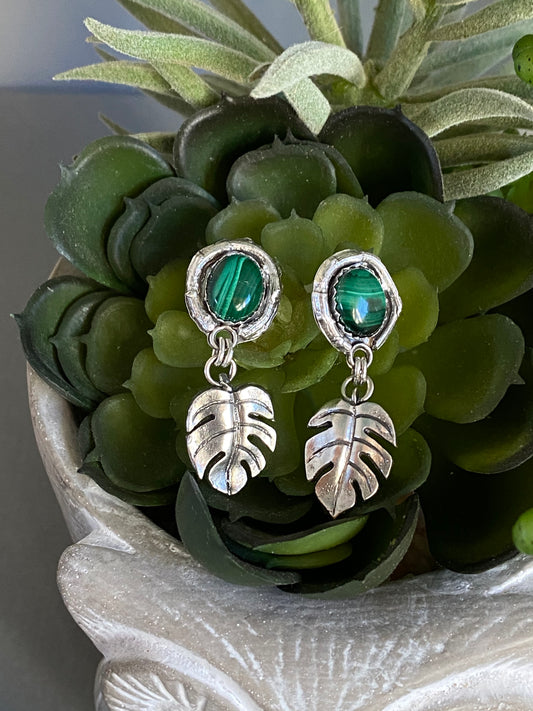 Malachite And Sterling Silver Monstera Artisan Earrings