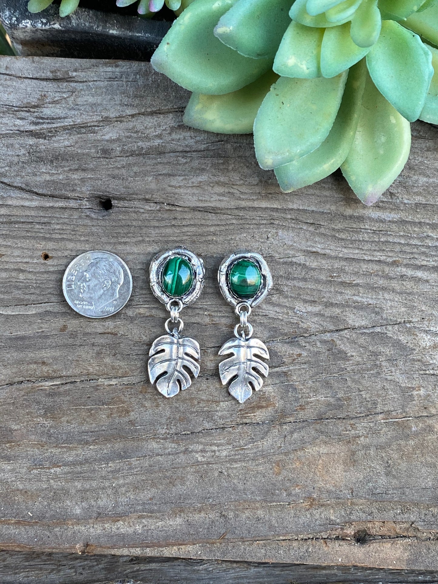 Malachite And Sterling Silver Monstera Artisan Earrings