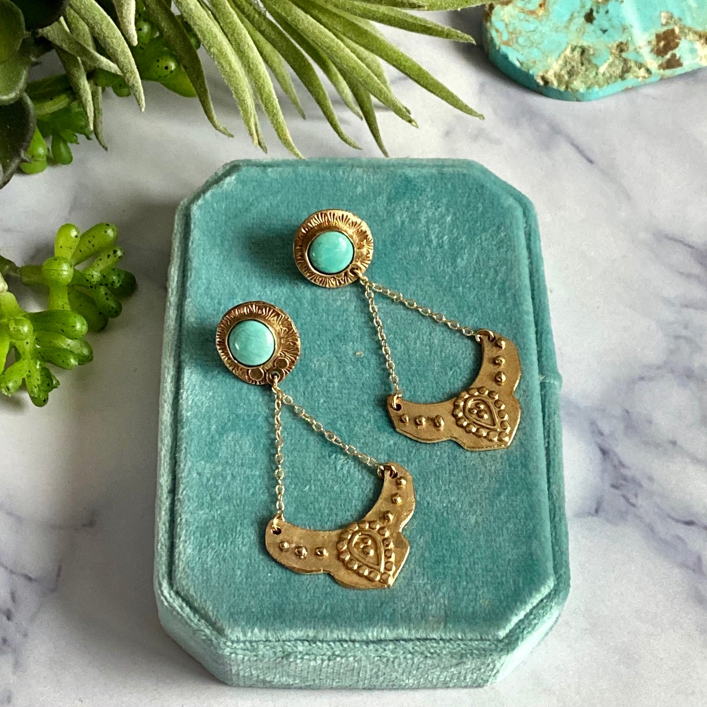 Turquoise And Gold Bronze Dangle Earrings - Harmony Gold & Turquoise Earrings