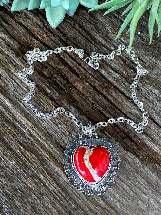 Red Lampwork Glass And Sterling Silver Flaming Heart Aritsan Necklace