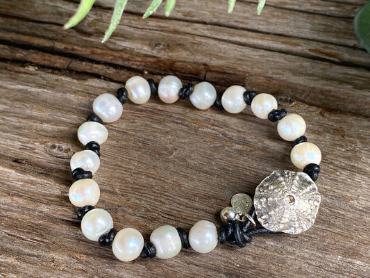 Sterling leather and pearl bracelet