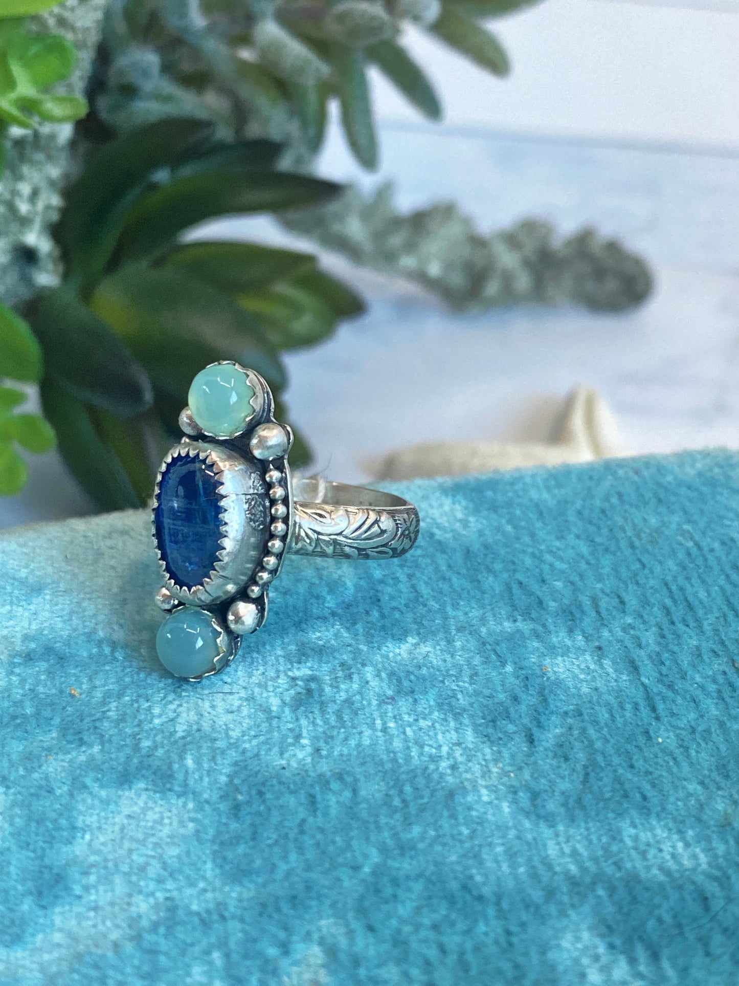 Triple Gemstone Ring - Blue Kyanite and Sea Green Chelcedony Ring
