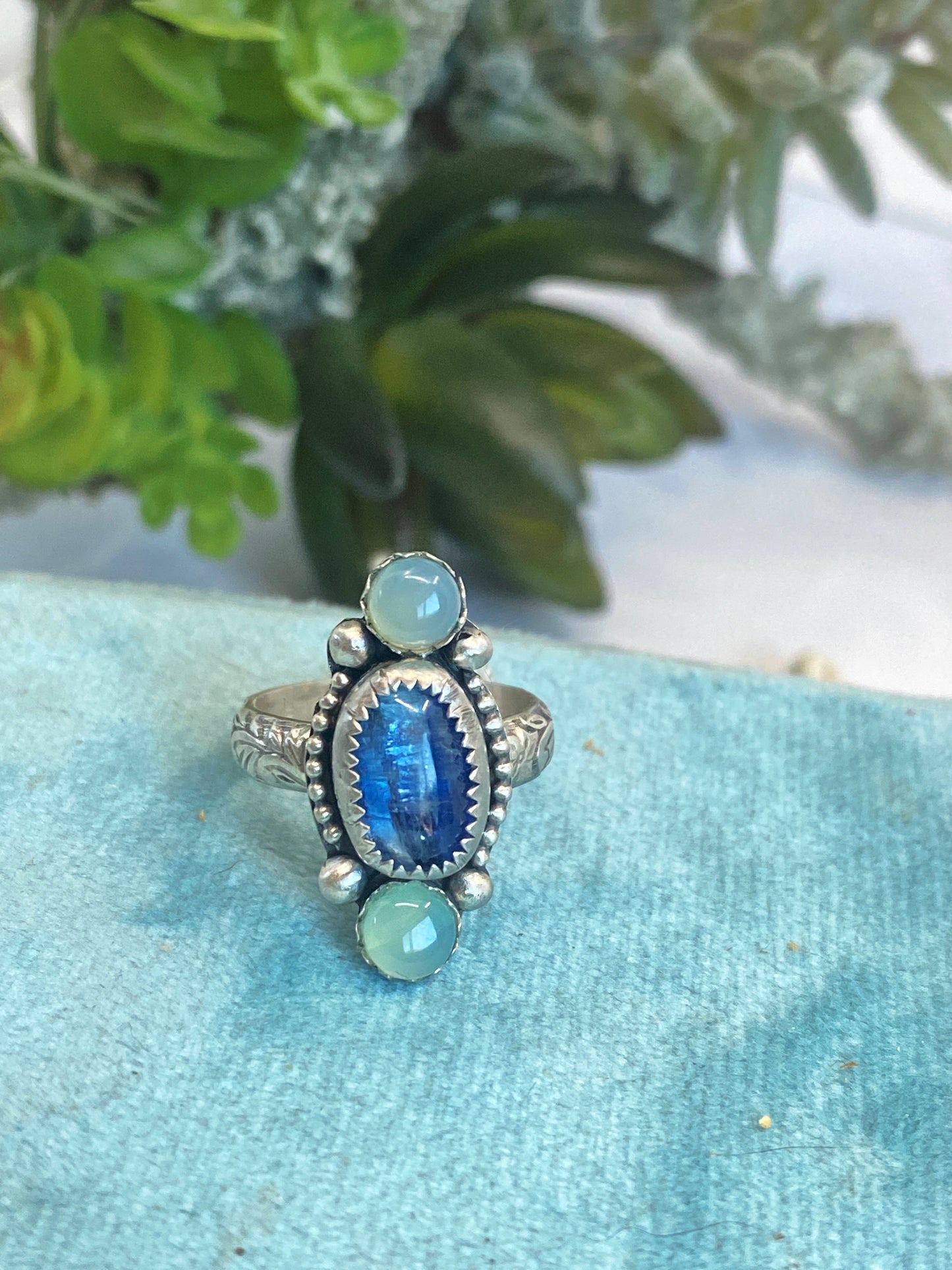 Triple Gemstone Ring - Blue Kyanite and Sea Green Chelcedony Ring