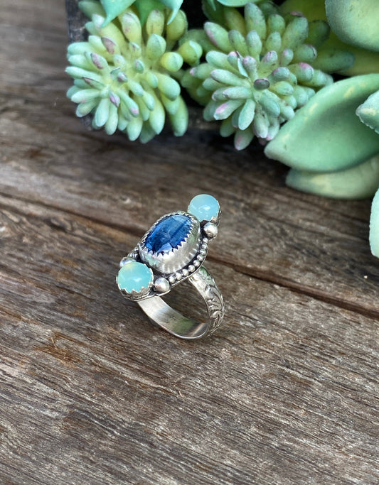 Triple Gemstone Ring - Blue Kyanite and Sea Green Chelcedony Ring