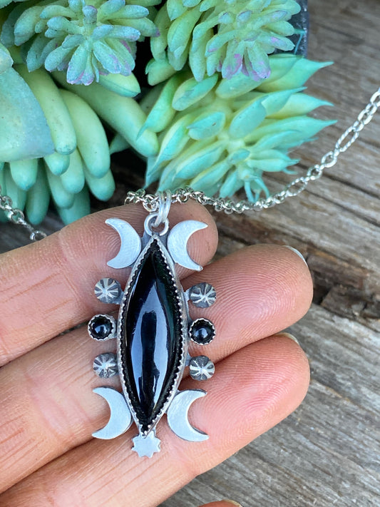 Black Onyx And Sterling Silver Celestial Necklace