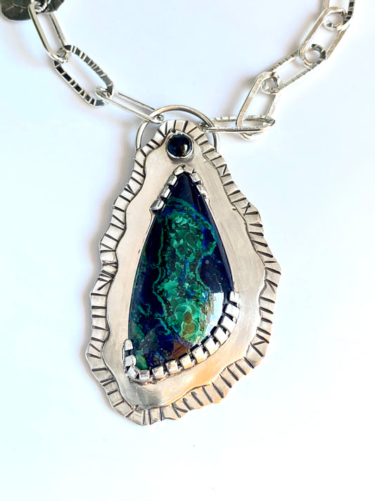 Sterling Silver Azurite Malachite Chrysocolla And Onyx Statement Necklace - Large Handcrafted Gemstone Peace Necklace