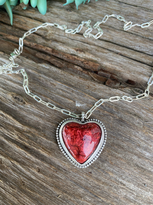Red Hot Molten Lava Resin And Sterling Silver Heart