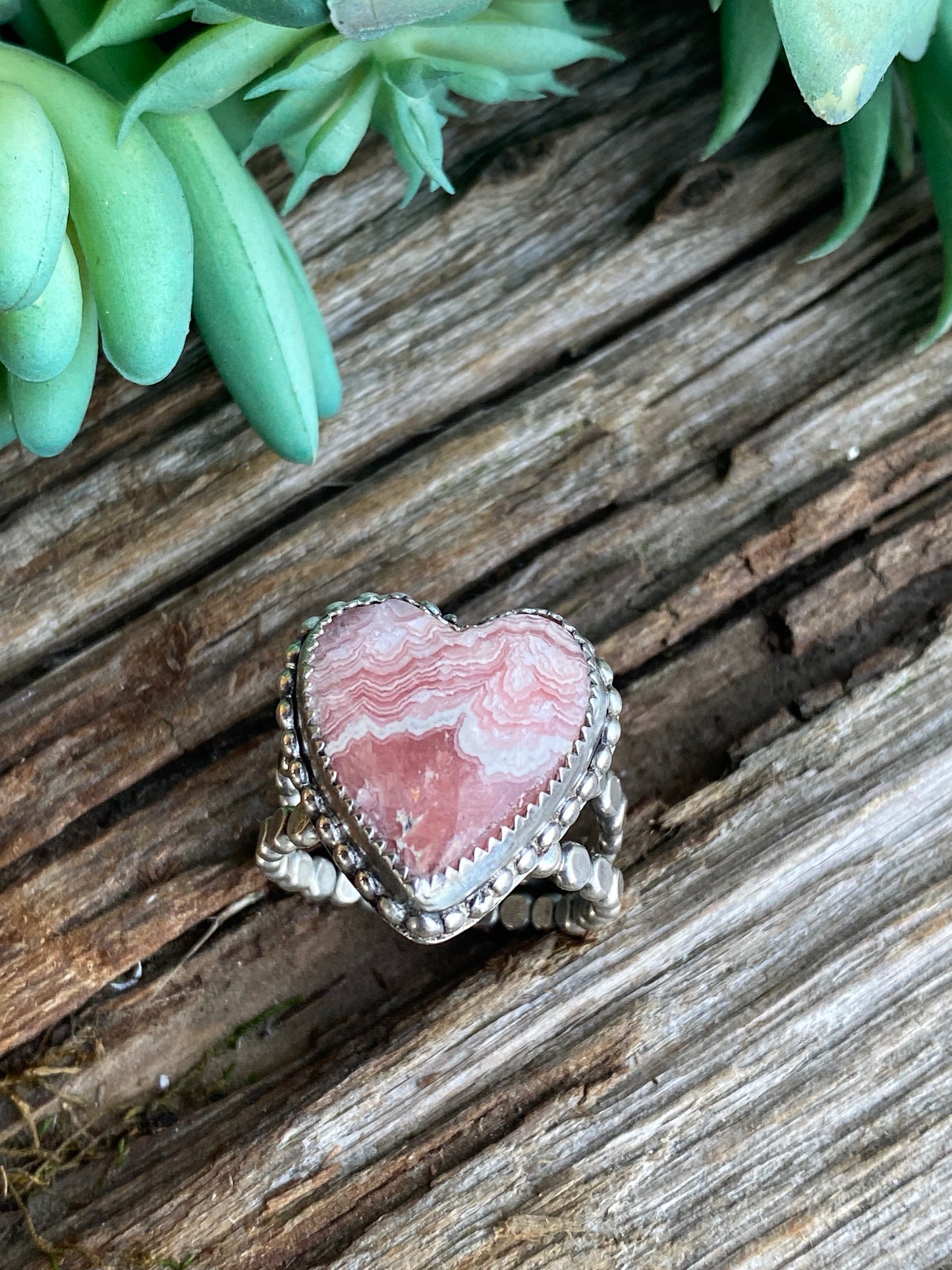Sterling Silver And Pink Rhodochrosite Heart Ring With Double Pebble Band