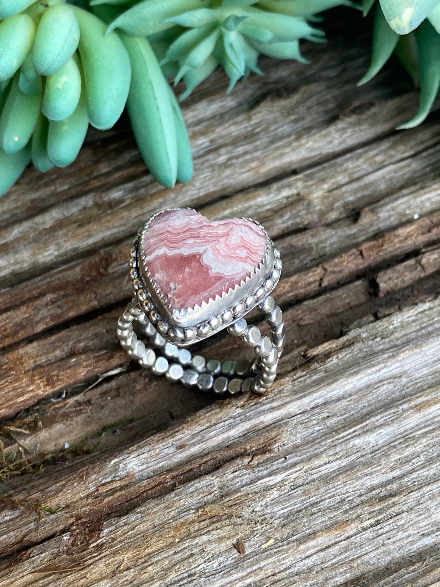 Sterling Silver And Pink Rhodochrosite Heart Ring With Double Pebble Band