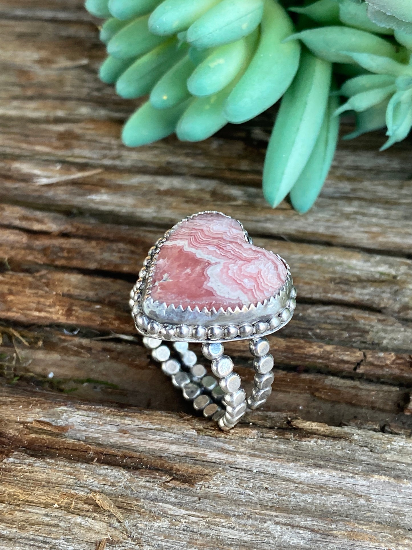 Sterling Silver And Pink Rhodochrosite Heart Ring With Double Pebble Band