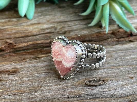 Sterling Silver And Pink Rhodochrosite Heart Ring With Double Pebble Band