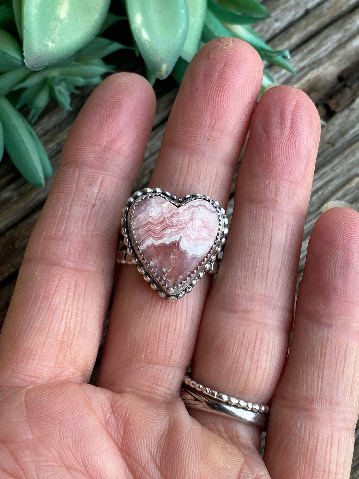Sterling Silver And Pink Rhodochrosite Heart Ring With Double Pebble Band