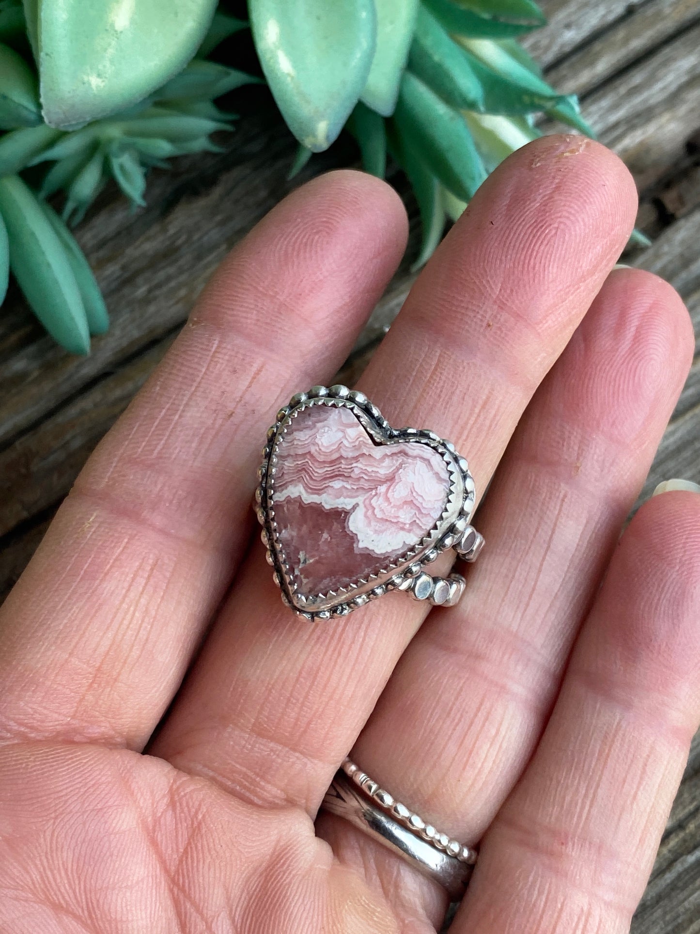Sterling Silver And Pink Rhodochrosite Heart Ring With Double Pebble Band