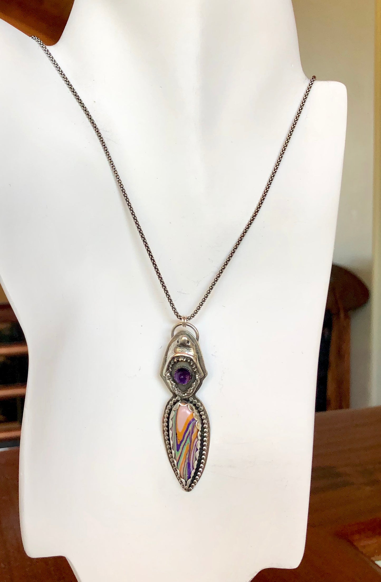 Sterling Silver Shark With Amethyst and Surfite Necklace