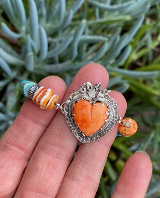 Sterling Silver, Spiney Oyster And Kingman Turquoise Hearts On Fire Bracelet