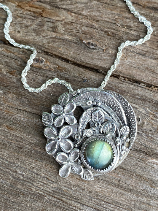 Sterling Silver And Labradorite Tropical Flower Garden Necklace