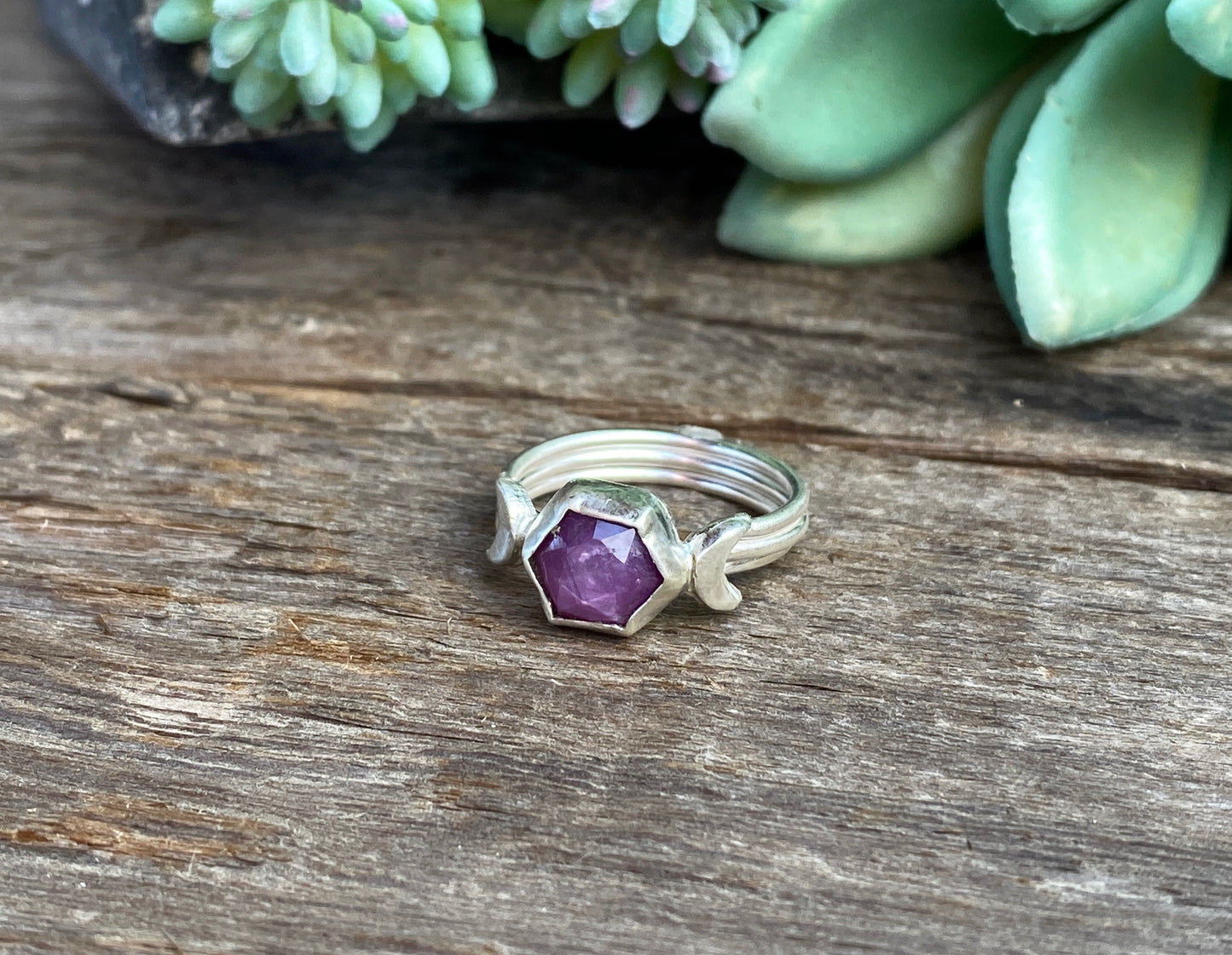 Luna Ring - Sterling Silver Star Sapphire Hexagon Moon Ring
