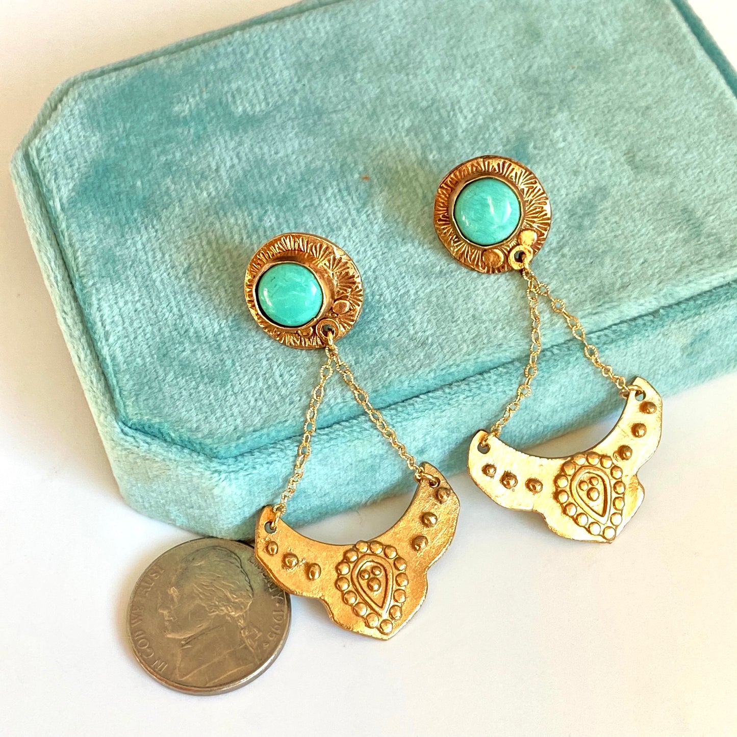 Turquoise And Gold Bronze Dangle Earrings - Harmony Gold & Turquoise Earrings