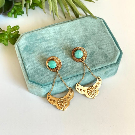 Turquoise And Gold Bronze Dangle Earrings - Harmony Gold & Turquoise Earrings