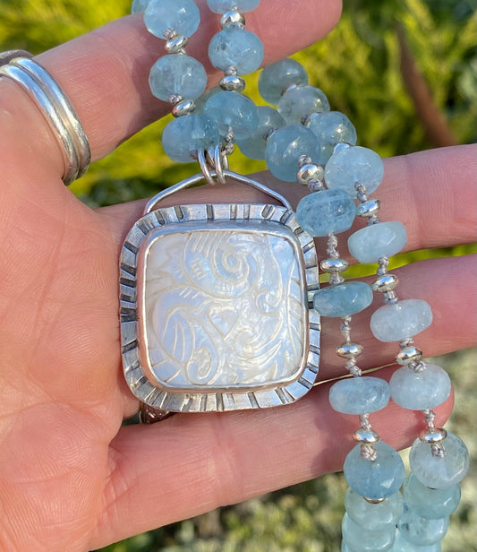 Carved Mother of Pearl & Aquamarine Necklace