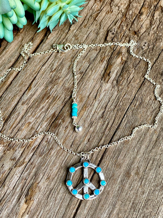 Sterling Silver And Turquoise Peace Sign Necklace