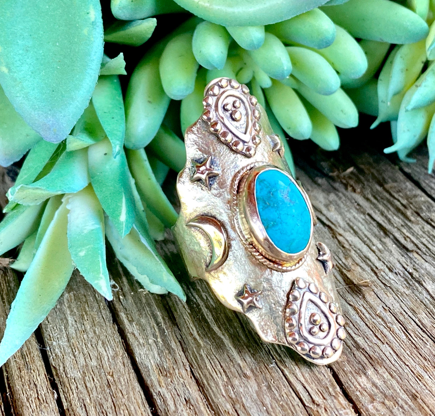 Turquoise And Gold Bronze Saddle Ring