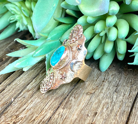 Turquoise And Gold Bronze Saddle Ring