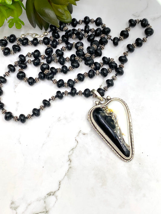 Black And White Lampwork Glass Heart And Black Onyx Beaded Chain