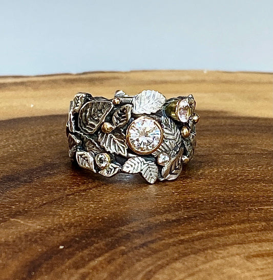Garden of Eden Ring, Sterling Silver & 14k Yellow Gold With Moissanite