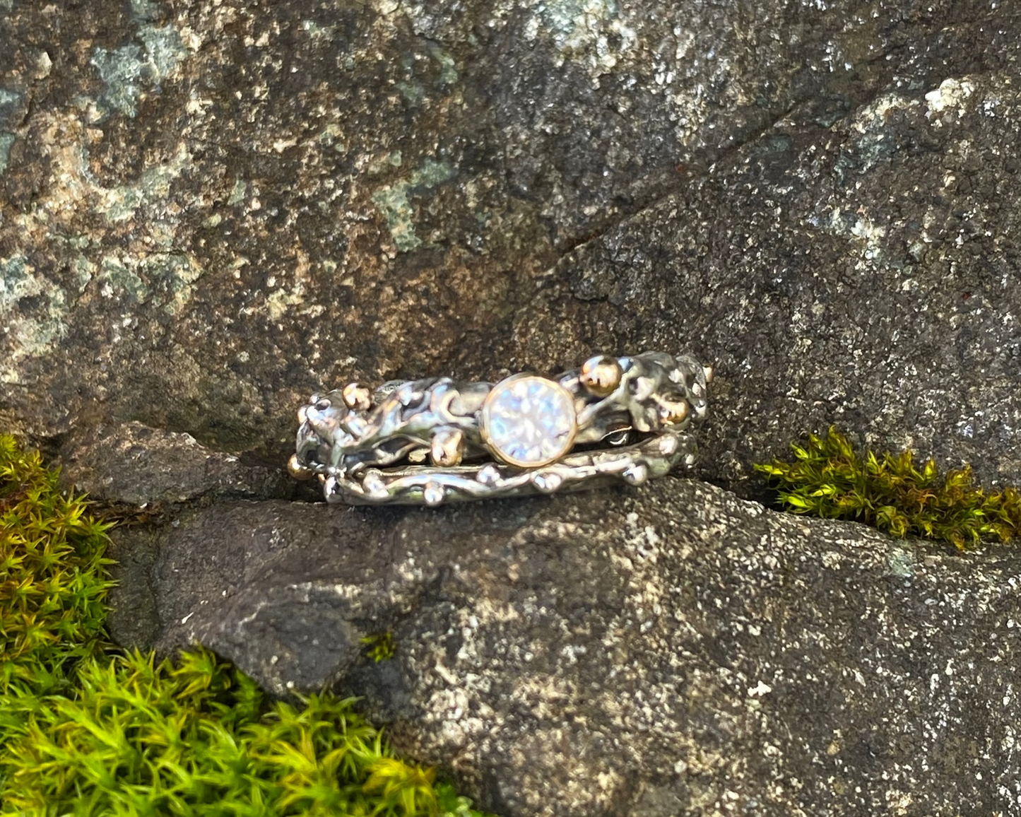 Princess Bride Ring - Recycled Sterling Silver & 14k Yellow Gold With Moissanite (Man Made Diamond).
