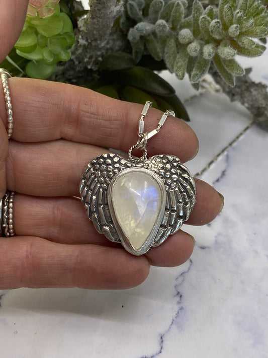 Sterling Silver And Rainbow Moonstone Angel Wing Necklace