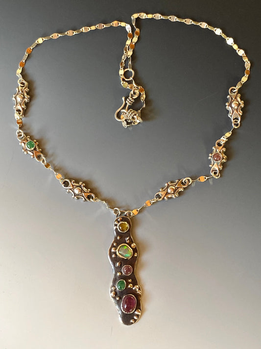 Recycled 18k Gold  & Sterling Silver, Tourmaline,Opal, Emerald- Spring In Bloom Necklace