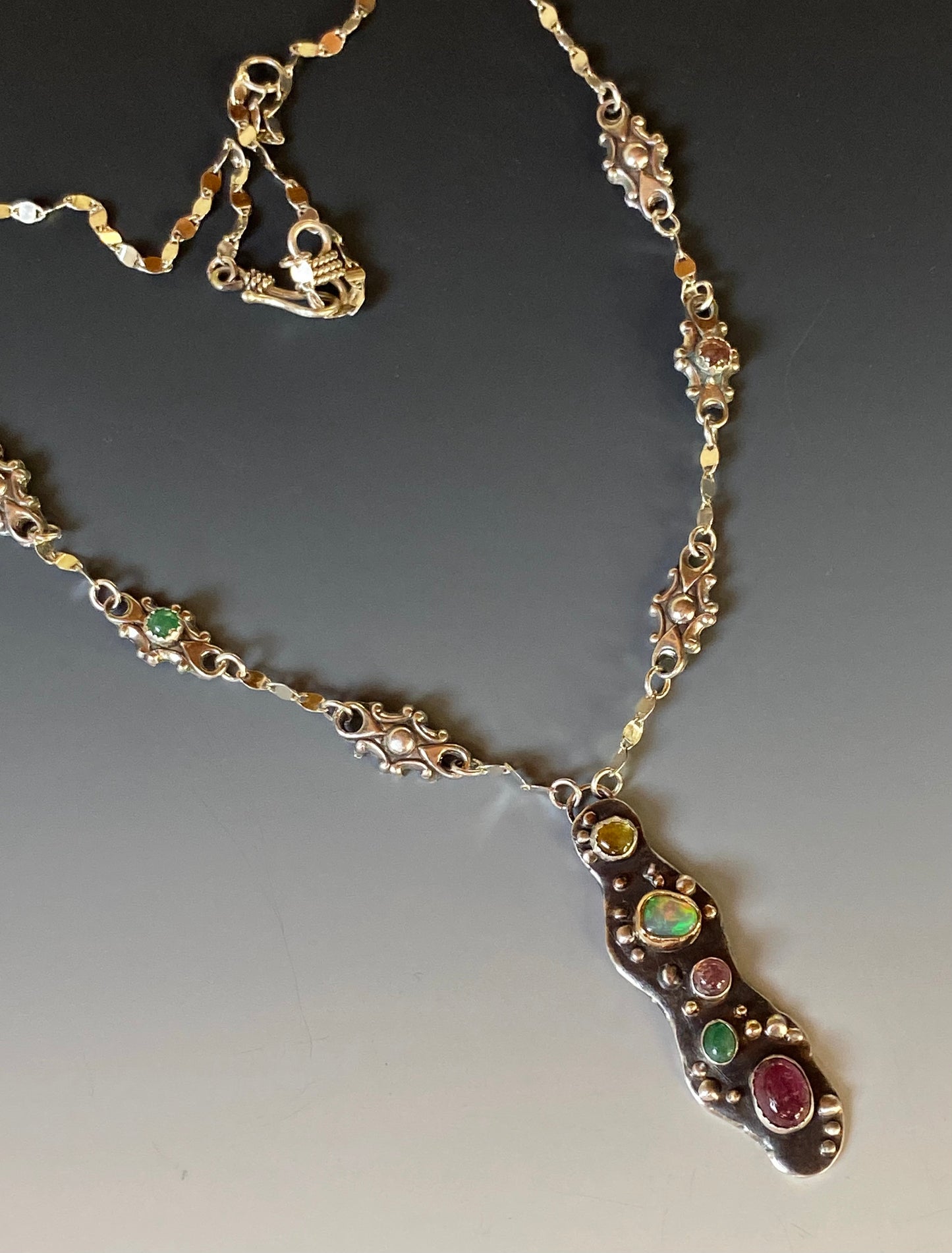 Recycled 18k Gold  & Sterling Silver, Tourmaline,Opal, Emerald- Spring In Bloom Necklace