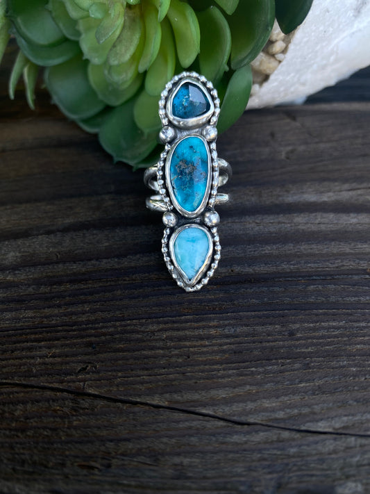 Totem Ring- Sterling silver, Kingman Turquoise, Larimar & Kyanite