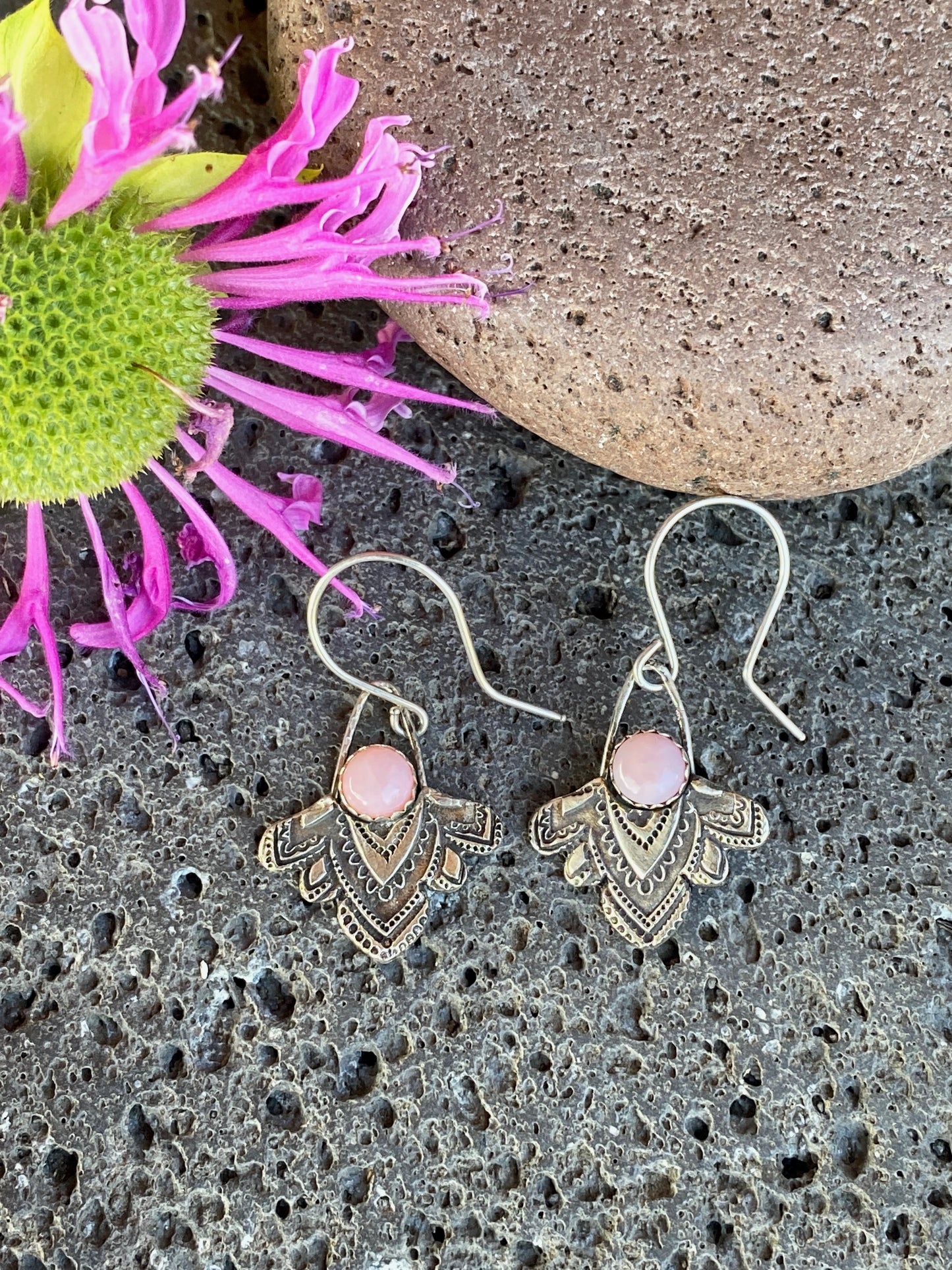 Sterling Silver And Pink Opal Mandala Dangle Earrings