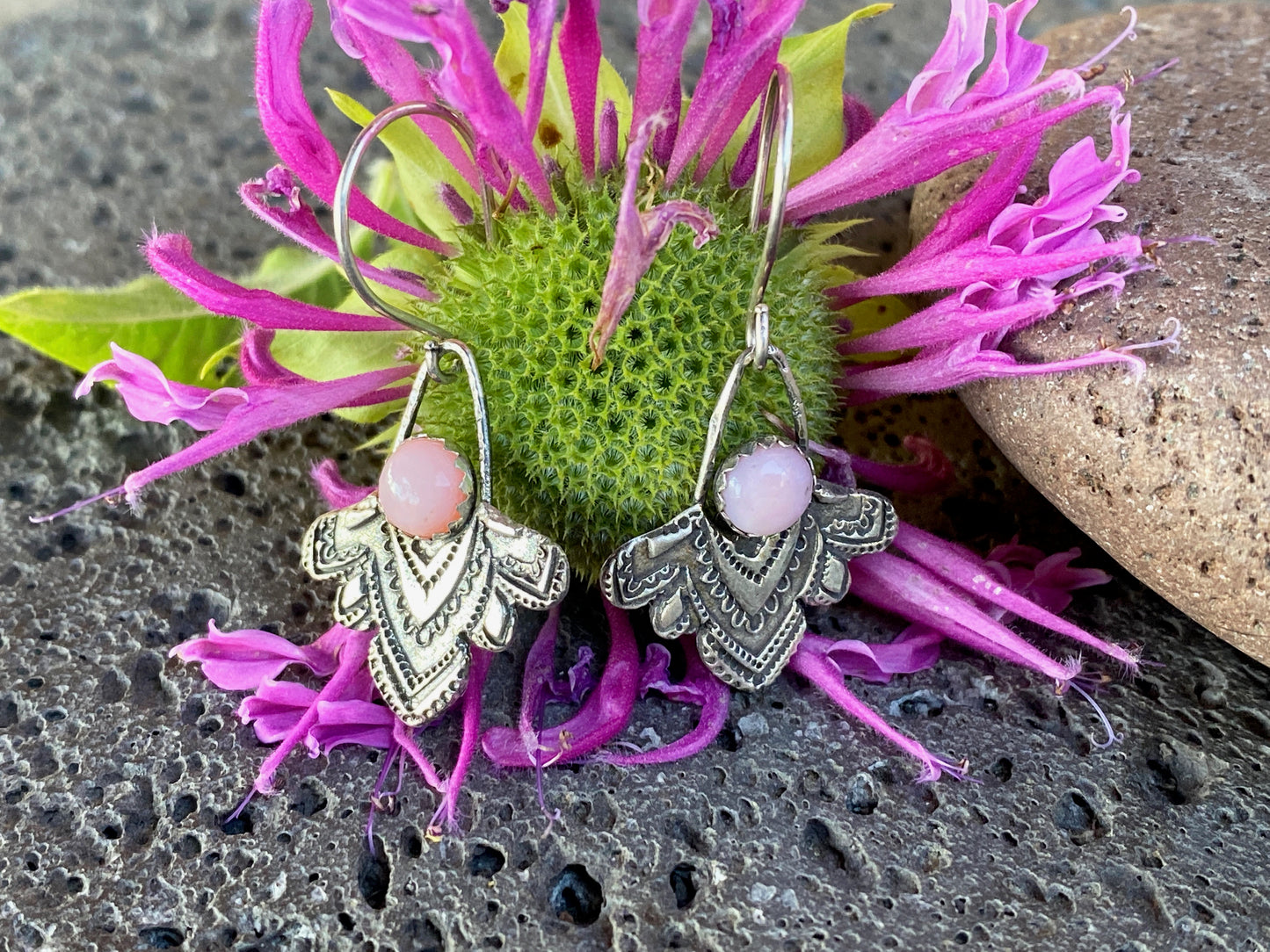 Sterling Silver And Pink Opal Mandala Dangle Earrings