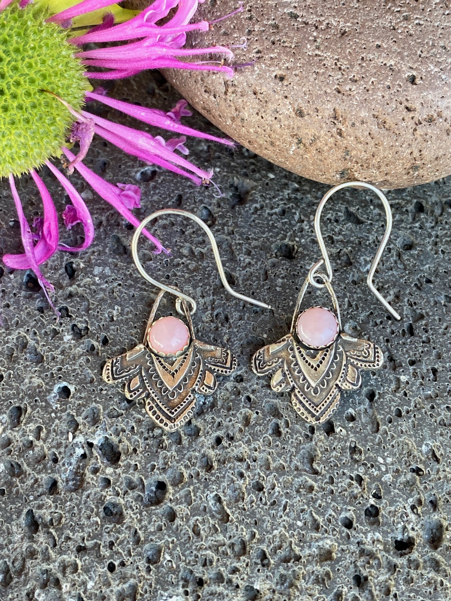 Sterling Silver And Pink Opal Mandala Dangle Earrings