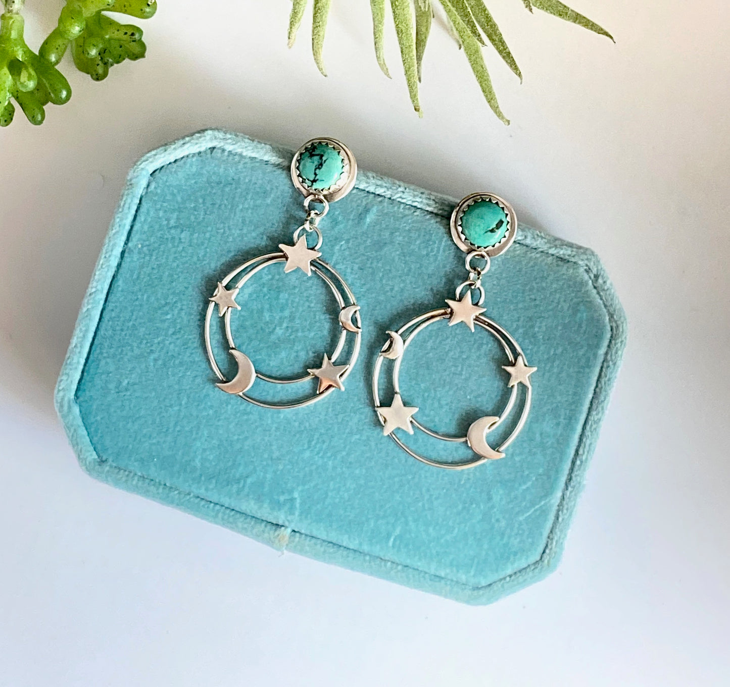 Small Kingman Turquoise And Sterling Star And Moon Galaxy Earrings