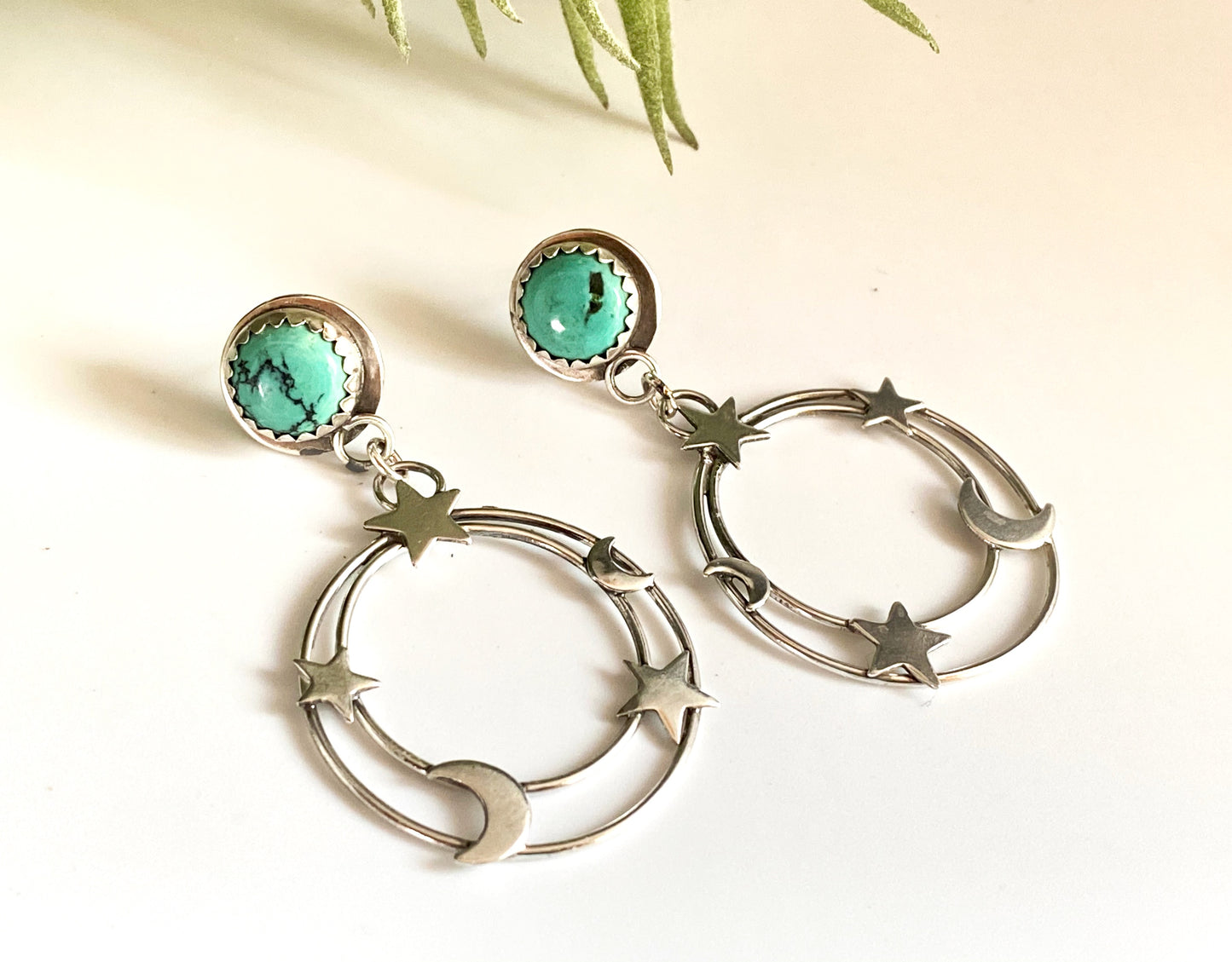 Small Kingman Turquoise And Sterling Star And Moon Galaxy Earrings