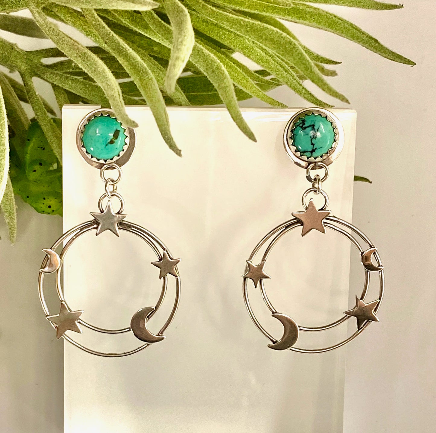 Small Kingman Turquoise And Sterling Star And Moon Galaxy Earrings