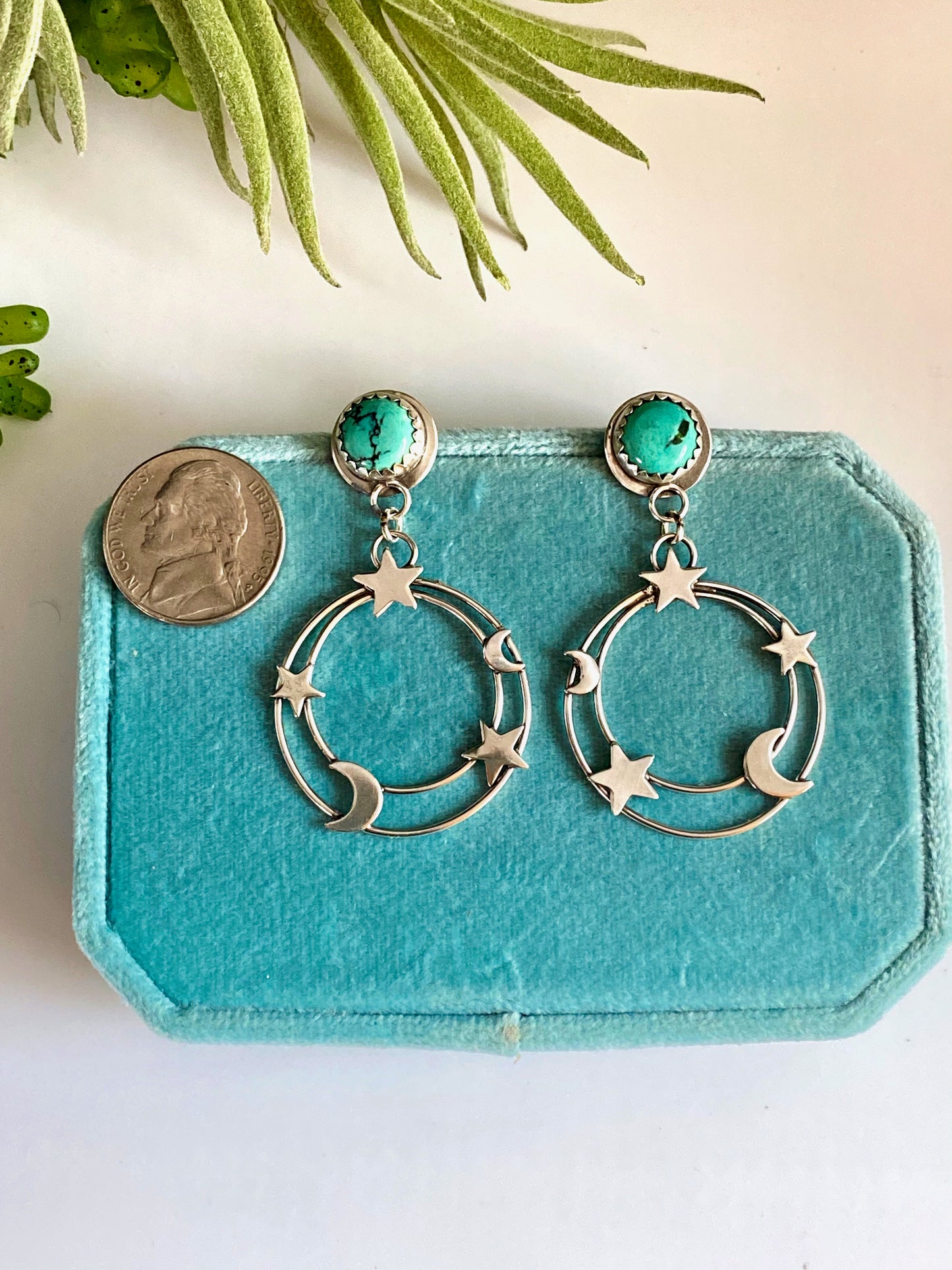 Small Kingman Turquoise And Sterling Star And Moon Galaxy Earrings