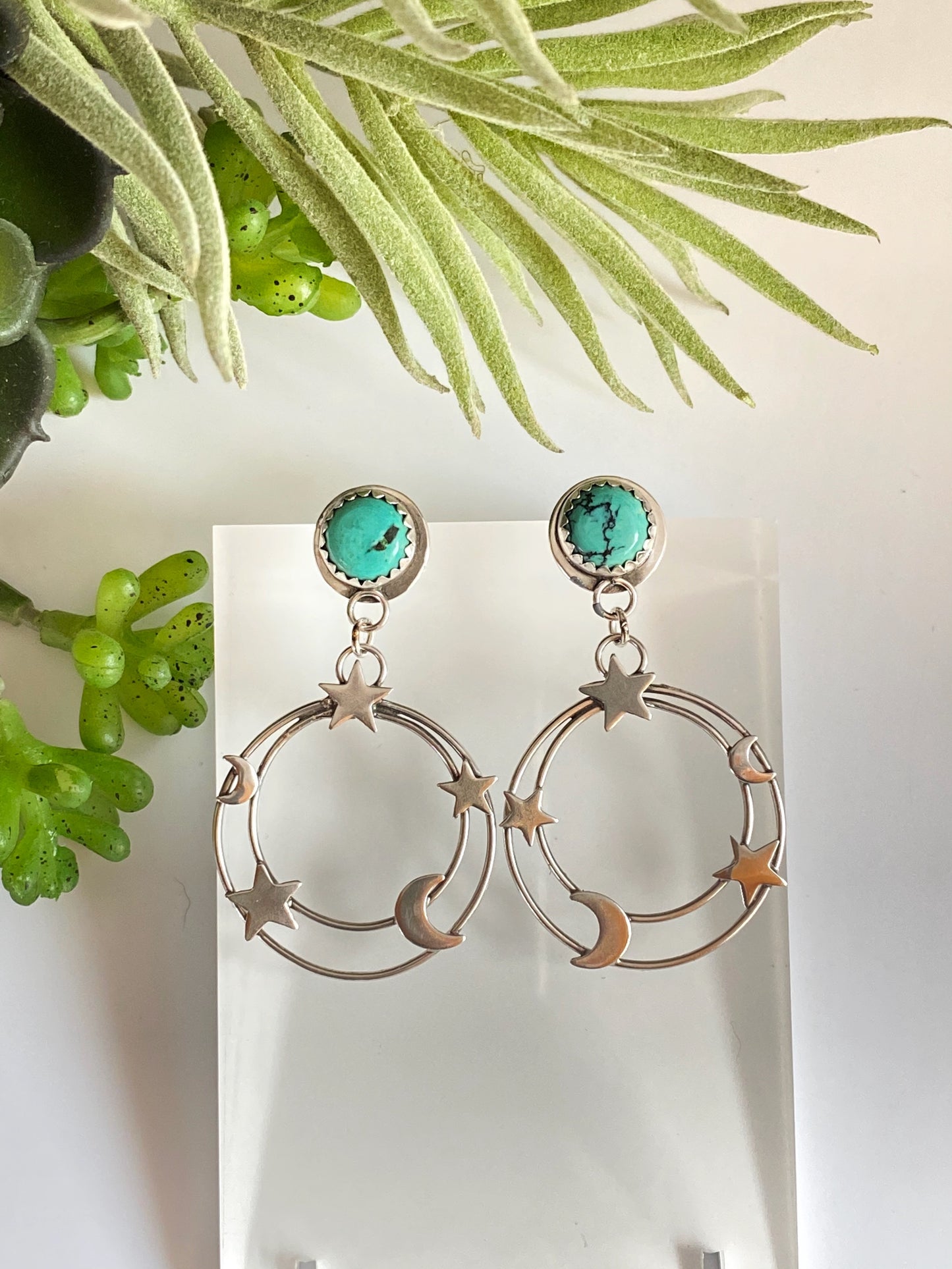 Small Kingman Turquoise And Sterling Star And Moon Galaxy Earrings
