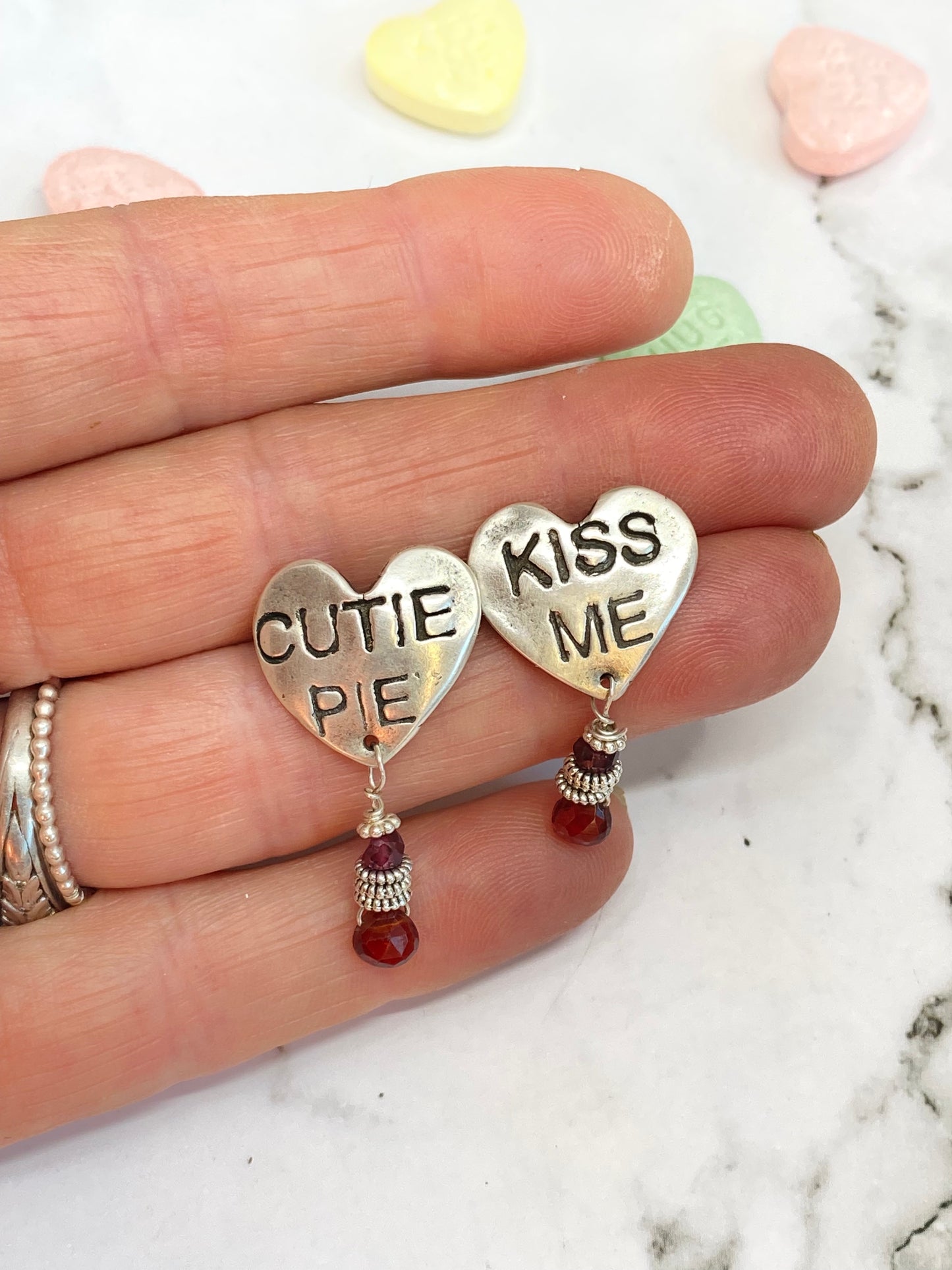 Sweet Tart Heart Earrings With Garnet Drops