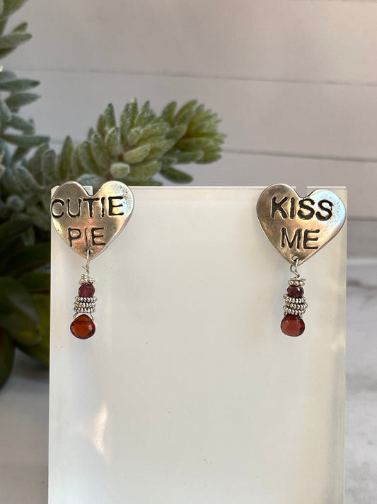 Sweet Tart Heart Earrings With Garnet Drops