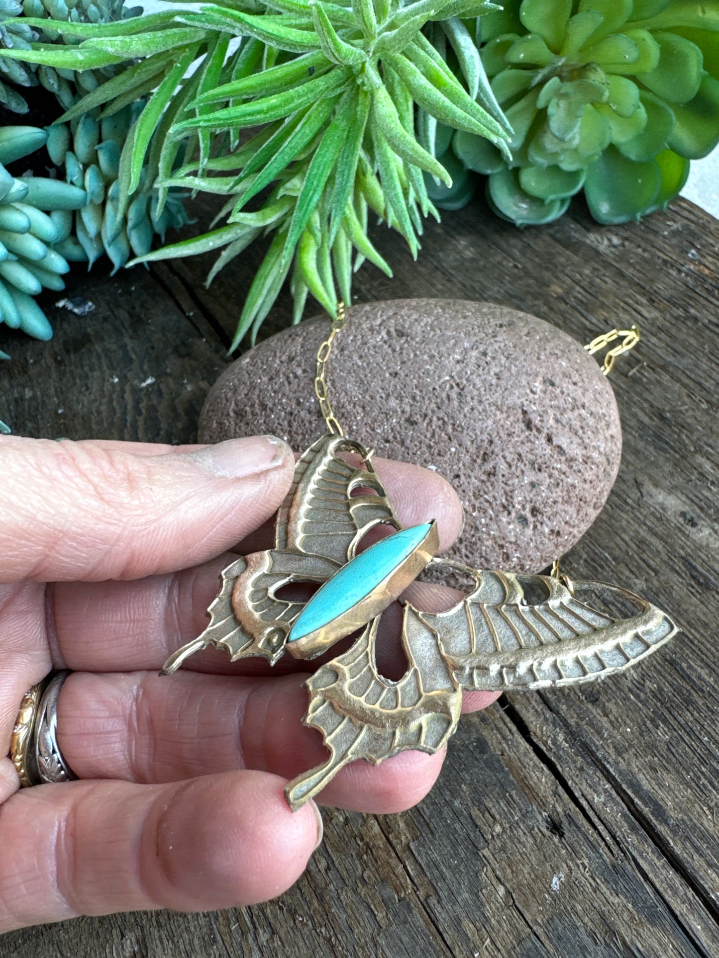 Gold And Silver Bronze Butterfly Necklace With Kingman Turquoise